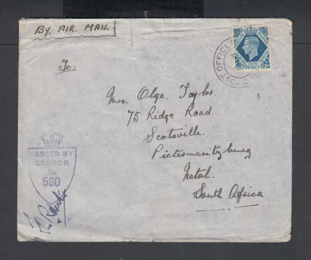 UK 1940s WWII FIELD POST OFFICE CENSOR 580 AIRMAIL COVER TO NATAL SOUTH AFRICA