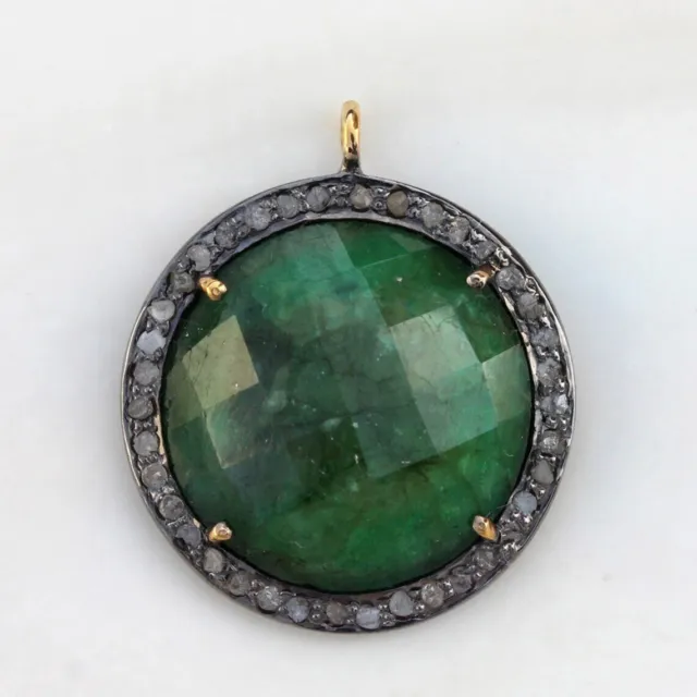 Emerald &Pave Diamond Pendant,925Sterling Silver,Handmade Pendant,Gift For Woman