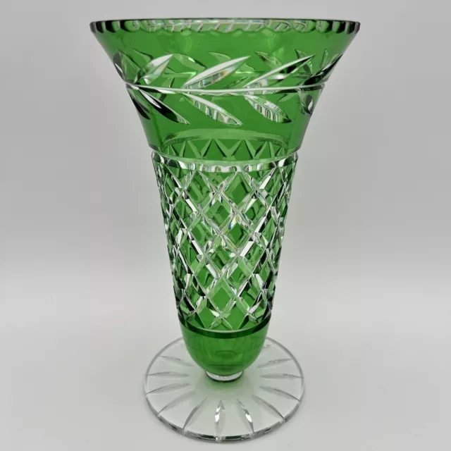 Vintage Bohemian Czech Green Cut To Clear Crystal Glass Vase 10”