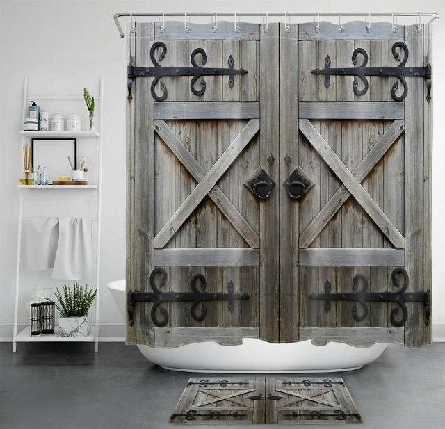 Retro West Rustic Barn Door Farmhouse Shower Curtain Bathroom Accessories Set