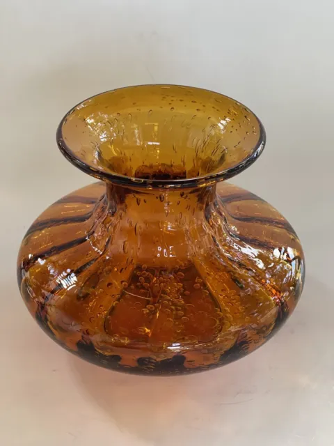 Pier 1 Orange Amber Glass Vase with Ribbed Interior on Sides and Bubbles