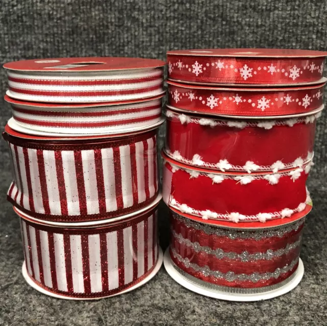 Lote de 9 cintas de Navidad vintage (3) 1 1/2"" con cable, (2) 7/8"" y (4) 3/8"" nuevas