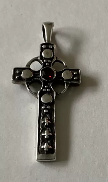 Vintage Sterling Silver Ornate Celtic Cross pendant With Garnet Gift