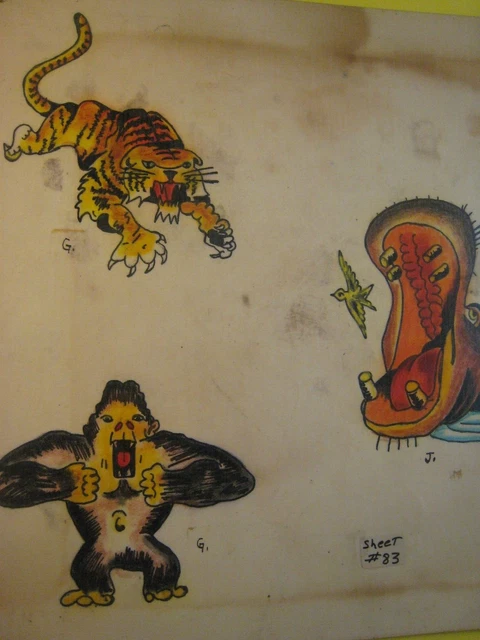 Vint. Hoja flash de tatuaje #S.. C.1960.. 14 x 11 in. Original dibujado a mano/coloreado