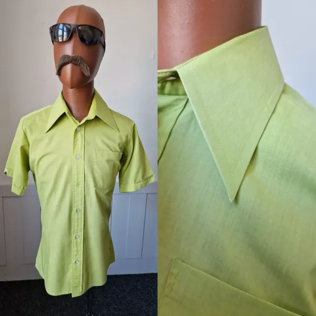CAMICIA VINTAGE ANNI '70 COLLARE PUGNALE! Discoteca mod 15,5"/Media | Policotone verde ZD93