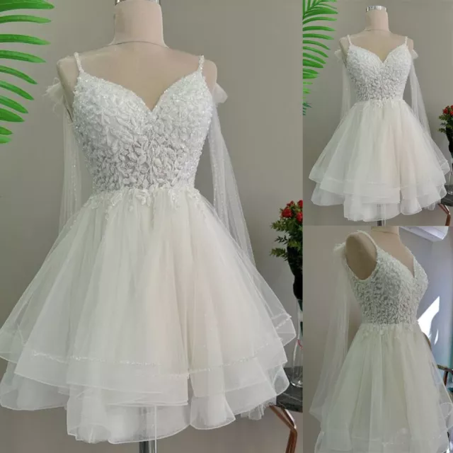 Short Mini White Ivory Wedding Dresses Beading Lace Beach Straps Bridal Gowns