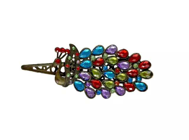 Vintage Peacock Barrette Hair Clip Multicolor Rhinestone Fashion Jewelry 2"x2.5"
