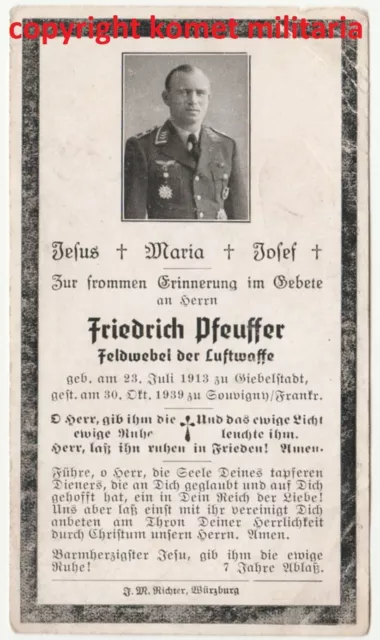 sterbebild-death card Pilot Spanienkreuz Gefallen 30.9.1939 Sauvigny, Frankreich