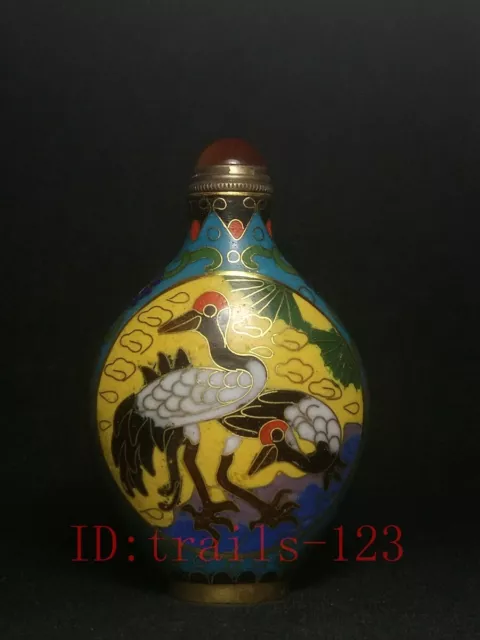 Old Chinese Bronze Cass enamel Cloisonne Inlay hand painting crane snuff bottle