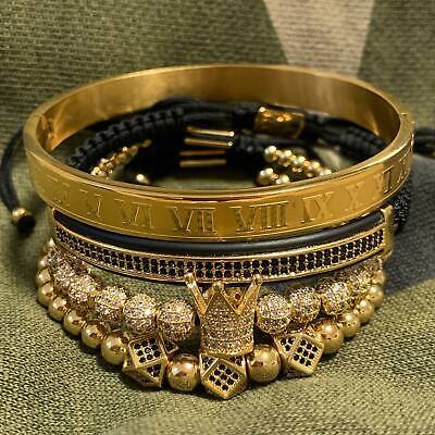 Fashion 18K Gold Roman Royal Crown Bracelet Set Women Men Hip Hop Bangle Jewelry