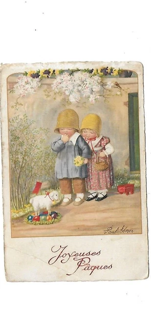 2 CPA carte postale ancienne Joyeuses Pâques agneaux illustrateur
