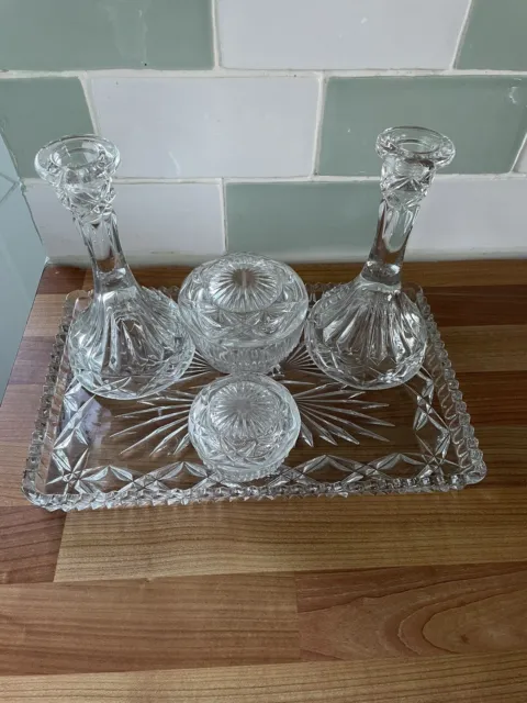 5 piece set/vintage clear pressed glass dressing table items & tray/collectibles