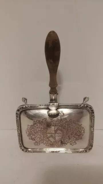 Vintage Silver Plated Silent Butler Crumb Ashtray w/Wood Handle - Engraved Crest