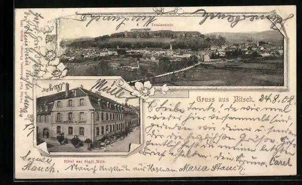 CPA Bitsch, Hotel zur Stadt Metz, ensemble view of Ortes 1902
