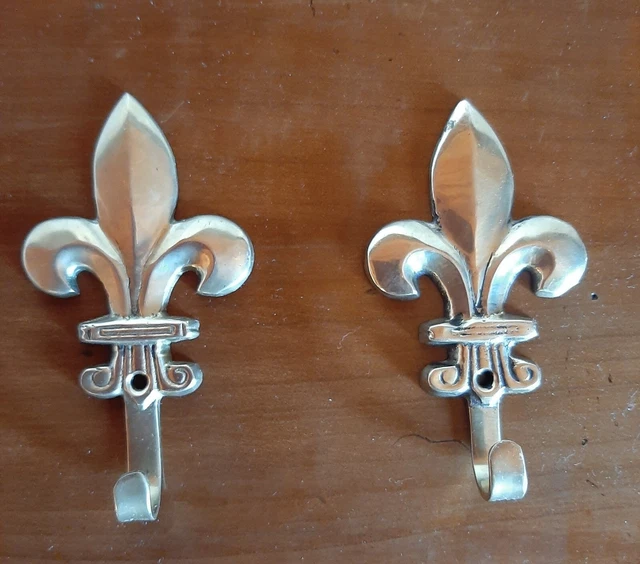 Vintage pair of 2 French brass wall coat hat hook Fleur de lys bronze gold color 16