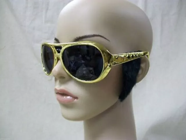 Gold Elvis Style Costume Glasses w/ Black Sideburns Rockstar King Rock 50s 60s