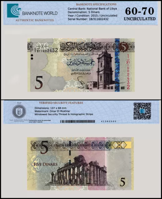 Libya 5 Dinars, 2015 ND, P-81, UNC, Authenticated Banknote