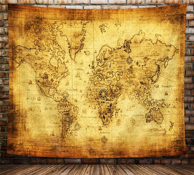 VINTAGE GEOGRAPHY WORLD Map Tapestry Wall Hanging Large Fabric Yellow