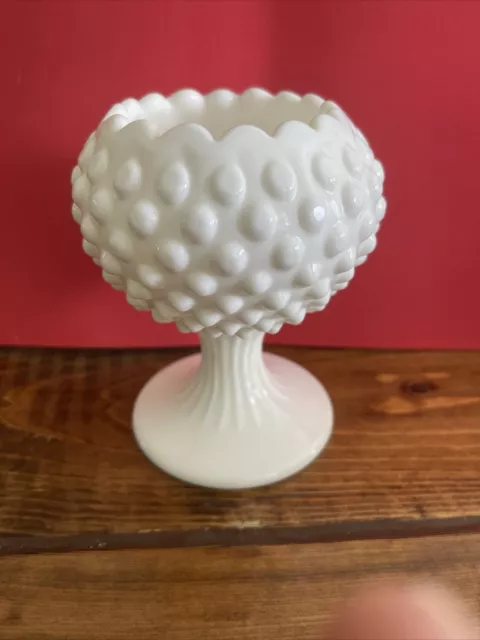 Vintage Fenton Milk Glass Hobnail Crimped Edge Pedestal Bowl