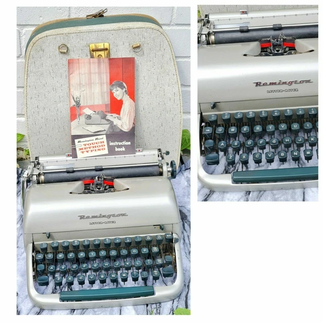 Máquina de escribir portátil vintage Remington retro con estuche funcionando 1950