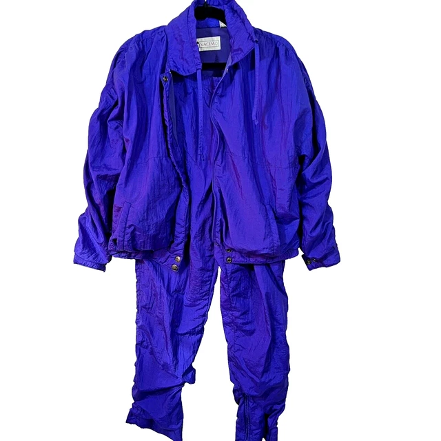 Vintage 80s Track Suit Womens Small Medium Blue Jacket Ruched Pants Puffy