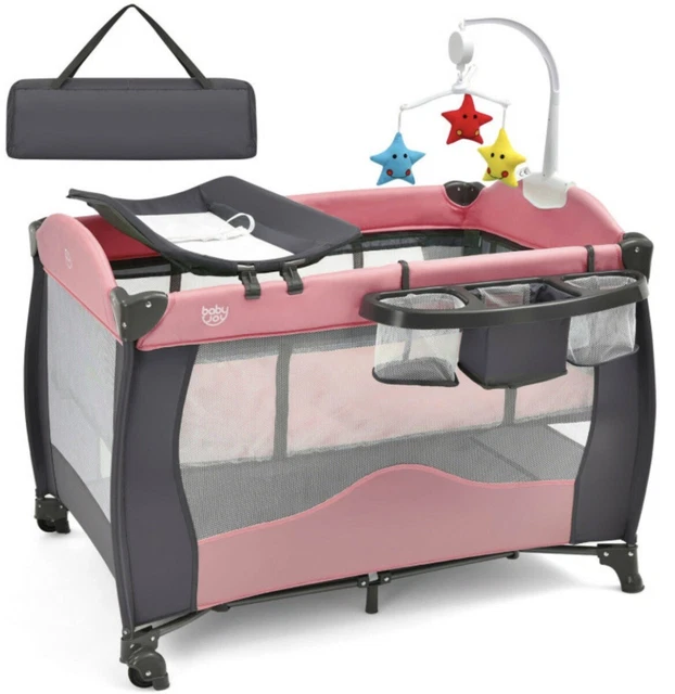 Folding Baby Crib Mobile Infant Nursery Center Bed Bassinet Play Pen Music Box