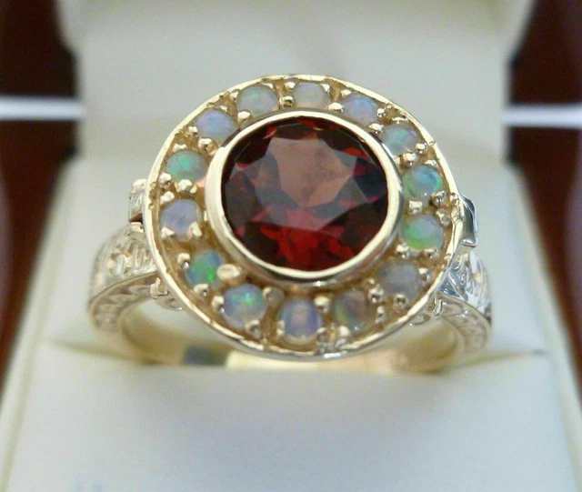 3.10 Ct Red Garnet & Fire Opal Women's Art Deco Ring With 14k Yellow Gold Finish