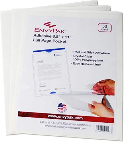 Full Page Pocket/Holder, Peel and Stick Adhesive, Top Loading, Clear, Holds 8.5n