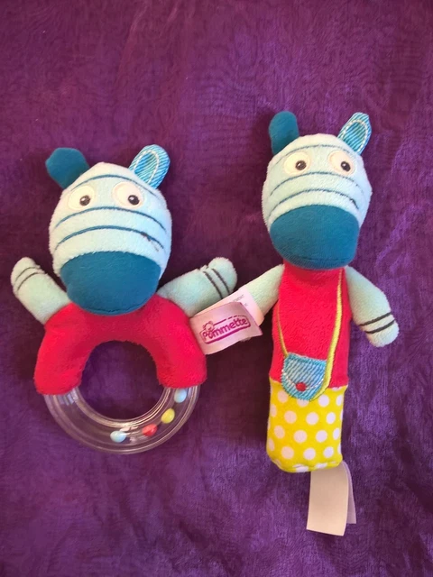 lot Doudou hochet ane zébre bleu  et doudou pouet POMMETTE