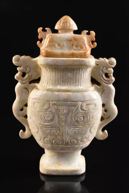 F4764: Japanese Stone jade/jewels Demon Mask DECORATIVE VASE Pot with a lid
