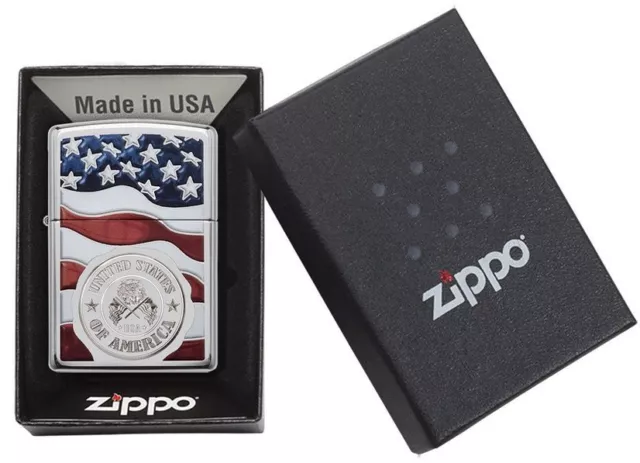 New Zippo Unisex American Stamp on Flag High Polished Chrome Lighter, BNIB