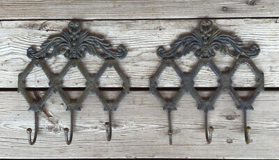 2 Vintage Victorian Style  Cast Iron 3 Hook Wall Rack Hanger  9” By 9 1/2”