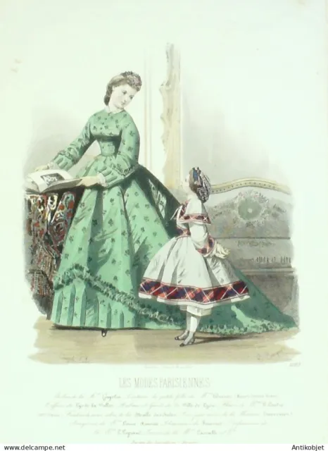 Gravure Modes parisiennes 1863 n°1085 Robe satin brodée et robe fillette perkale