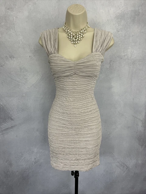 Abito RIVER ISLAND Beige Mini Elastico Festa Cocktail Sera Occasione UK 10