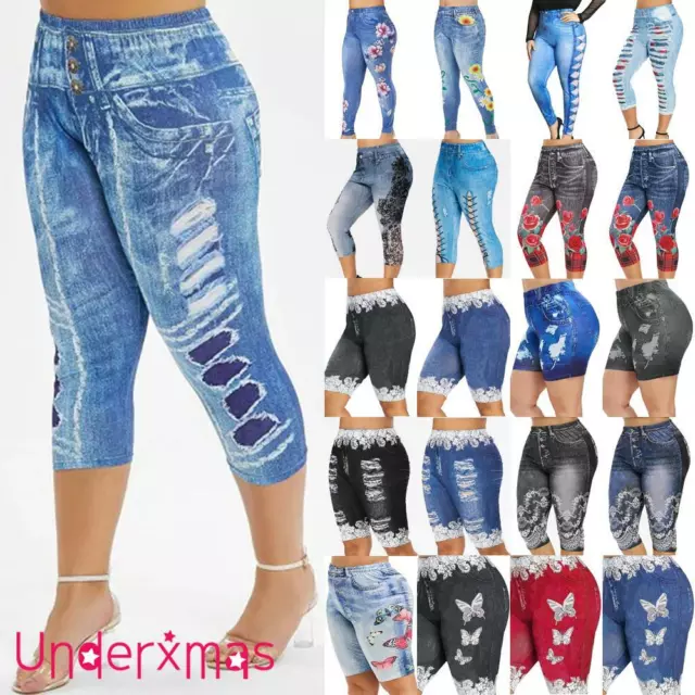 Womens High Waist Denim Look Skinny Leggings Jeans Jeggings Stretchy Pants Plus