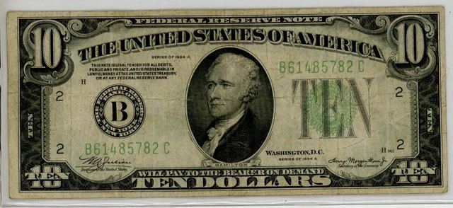 1934A United States $10 Federal Reserve Note Bank of New York FREE SHIP! 4329A