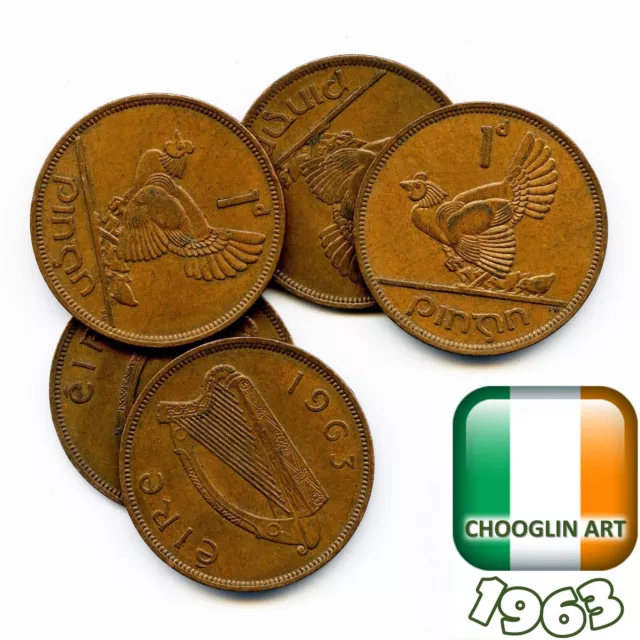 Set of (x5) IRISH 1963 PENNY 1d coins, 61 Years Old!