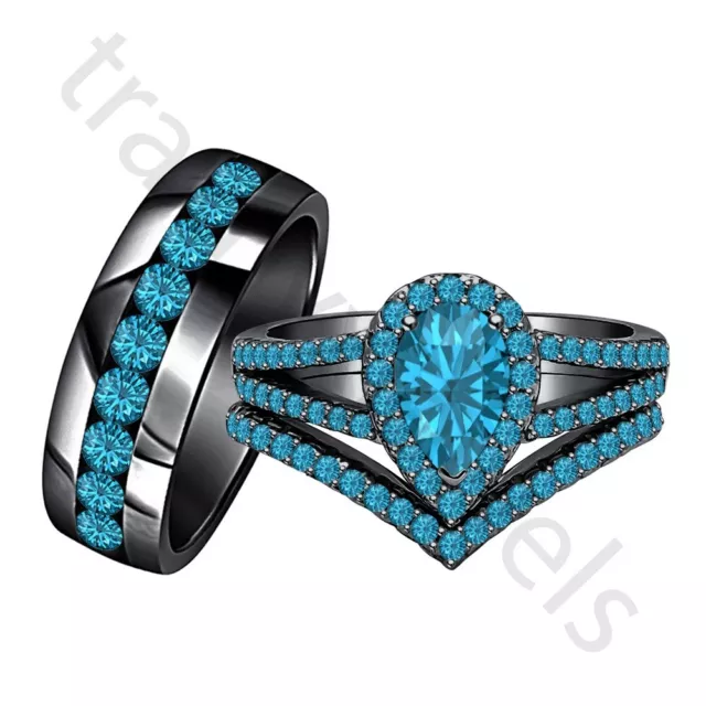 2 Ctw Lab Created Swiss Blue Topaz 14K Black Gold Over His & Her Trio Ring Set