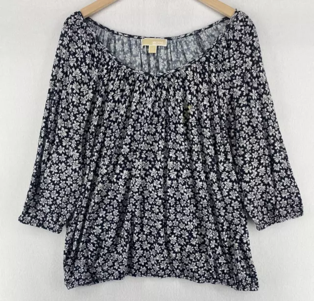 MICHAEL KORS Top 2X Plus Floral Boho Blouse Shirred Balloon Sleeve Black