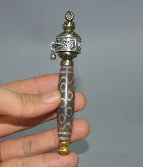 4.4"Tibet Ancient Tibetan silver Gilt Agate Dzi Bead prayer wheel amulet pendant