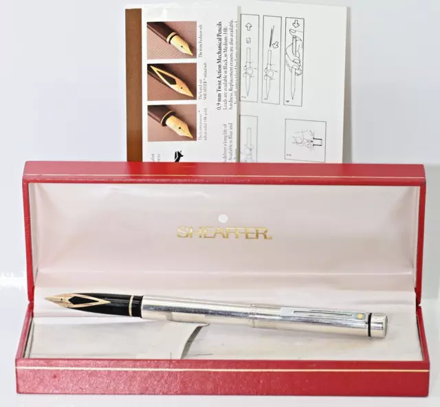 VINTAGE 1970s STERLING SILVER BOXED WORKING SHEAFFER TARGA FOUNTAIN PEN 14K NIB