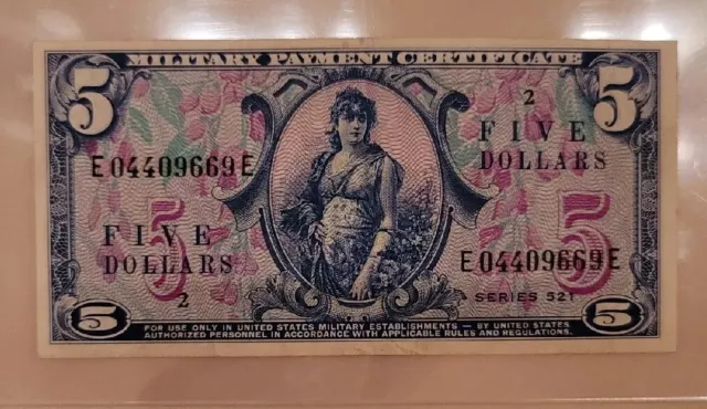 Military Payment Certificate MPC Series 521 $5 Five Dollar 1952 USA RARE! NICE