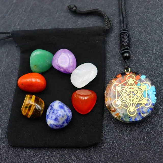 Natural 7 Chakra Healing Crystal Tumbled Stone Reiki Orgonite Pendant + Pouch US