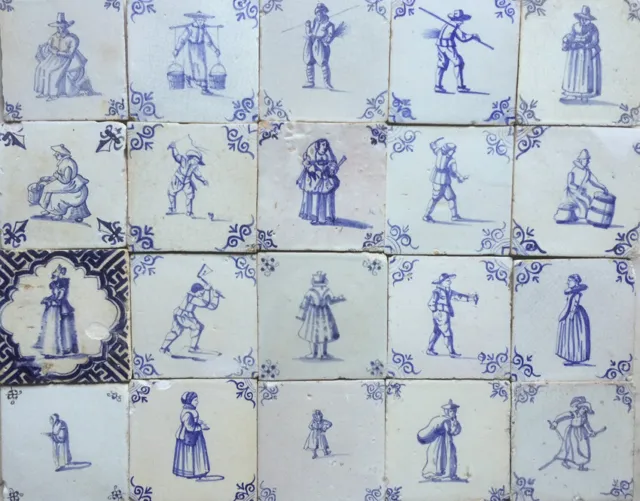 Antique Mixed Collection of 20 Early Dutch Delft Tile Large Figures 1625-1650