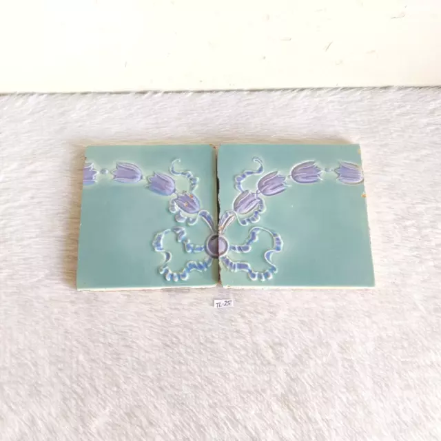 1930s Vintage Floral Embossed Light Green Architecture Furniture Tile Pair TL25