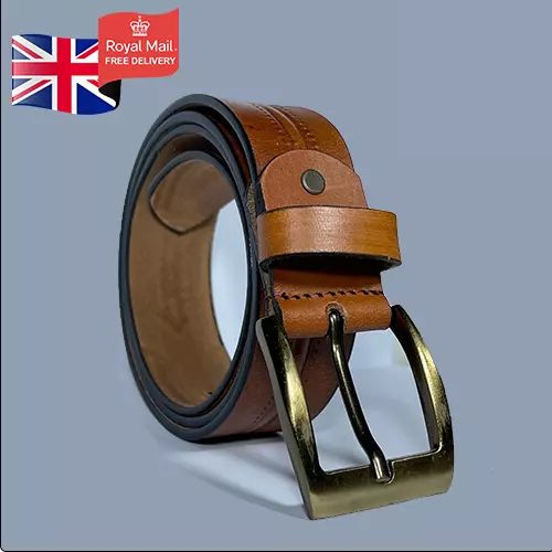 Genuine Leather Mens Full Grain Belts Real New Buckle Trouser Brown Tan Jeans UK