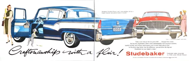 Vintage Print Ad 1956 Studebaker President Red Blue 4-door sedan art 2-page