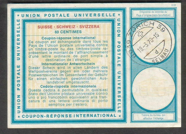 Switzerland International Reply Coupon 8039 Zurich Selnau 1970 cancel