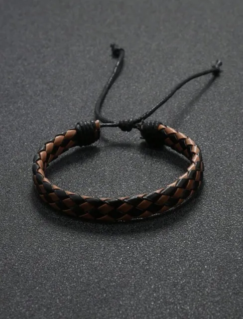 New Mens Brown/Black PU Leather String Bracelet