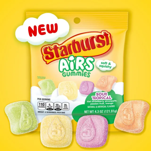 New! Starburst Airs Gummies ~ 4 SOUR TROPICAL Flavor Gummies- Soft Candy~ 2 BAGS